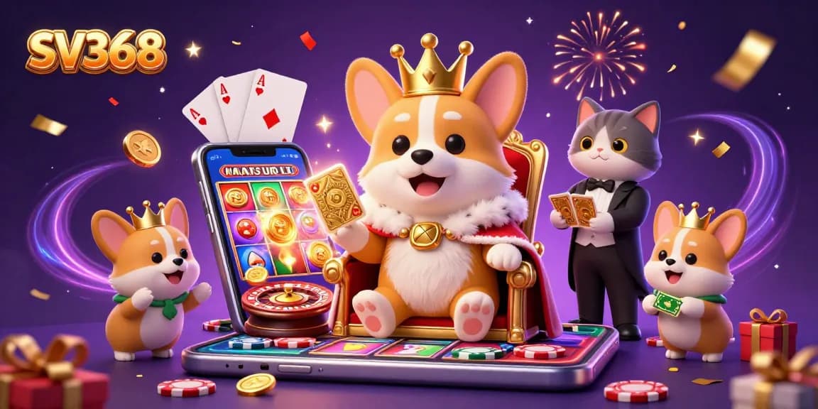SV368 gaming scene featuring vibrant cartoon characters celebrating with slot games and poker elements