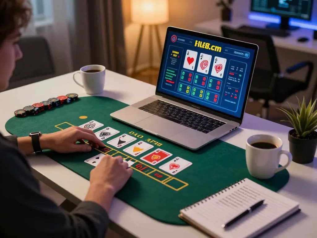 Person engaging in live dealer blackjack at g28.com while taking notes on strategy.