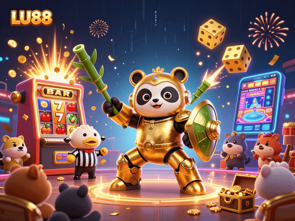 LU88 presents a dynamic illustration of a golden panda piloting a robot in a casino setting.