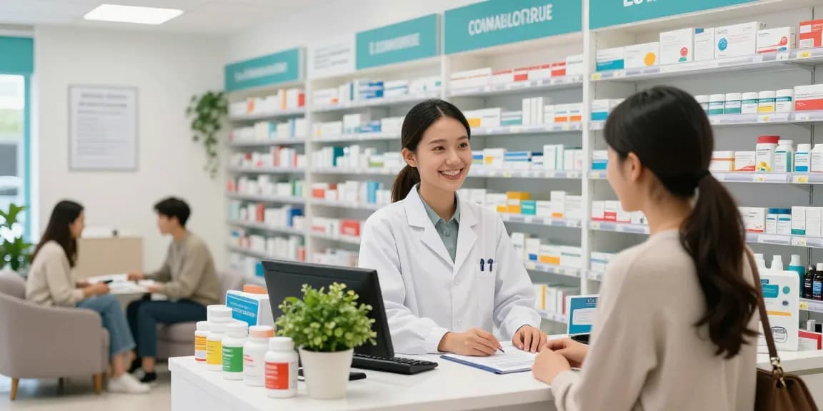 Freundlicher Service im Selliza Pharma Shop mit modernen Gesundheitsprodukten und einladender Atmosphäre.