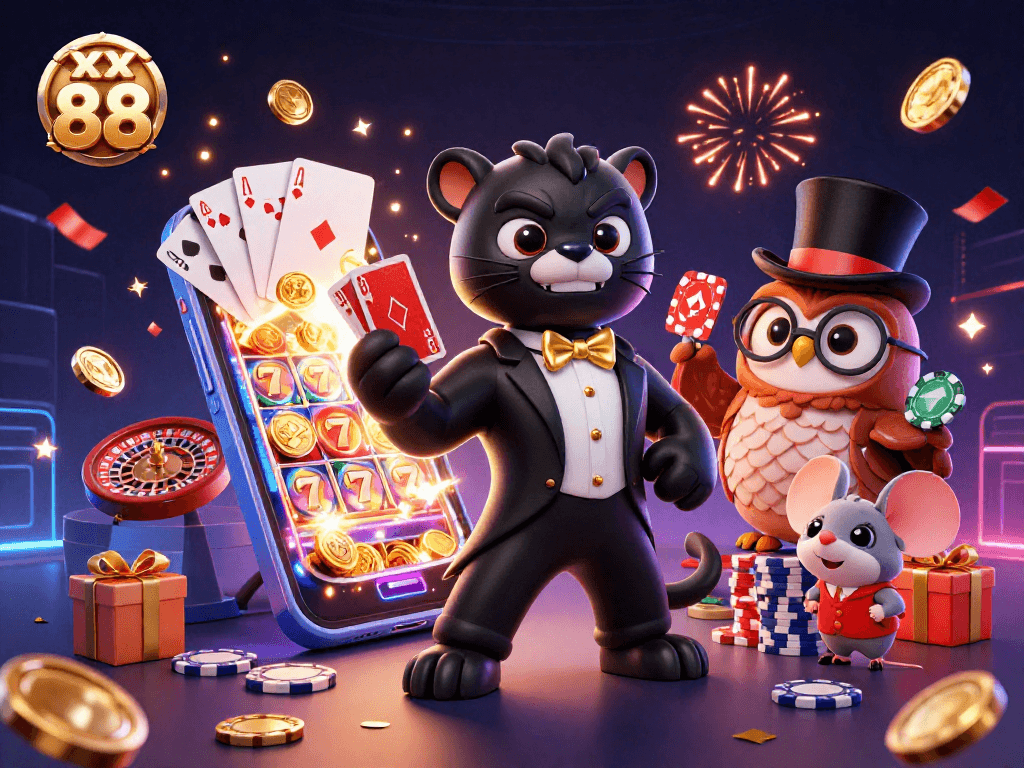 xx 88 brings excitement with stylish characters in a vibrant casino scene showcasing dramatic card plays and slot games.