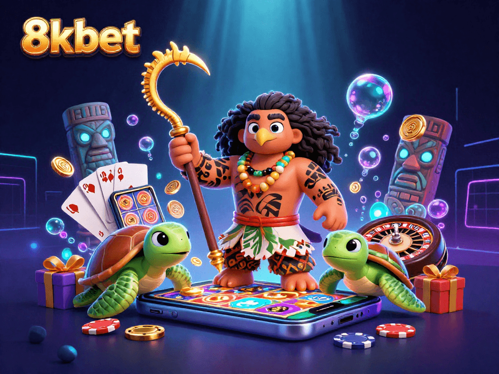 Engage in thrilling games at 8xbet through a vibrant and dynamic casino scene featuring colorful elements.