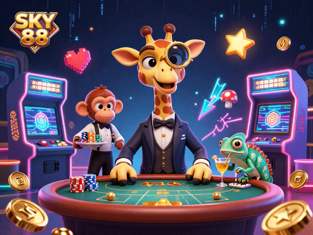 Experience excitement at SKY 88 with a vibrant casino scene featuring a giraffe and monkey at a poker table.