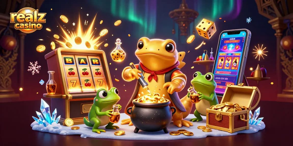 Experience the magic of realz casino with golden alchemists, slot machines, and rich rewards in a vibrant 3D illustration.
