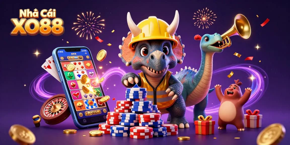 Experience immersive gaming with Nhà Cái XO88 as a triceratops builds a poker chip pyramid in vibrant celebration.