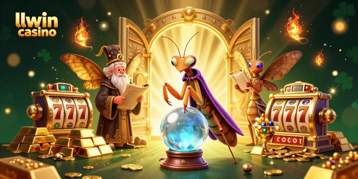 Engage with llwin casino's vibrant 3D scene featuring fortune tellers, gold, and gaming elements.