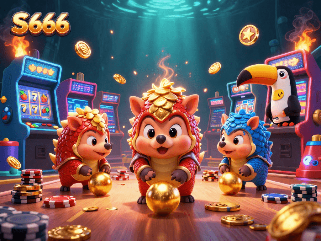Engage in the thrilling world of S 666 with rival pangolins competing in a vibrant casino scene.