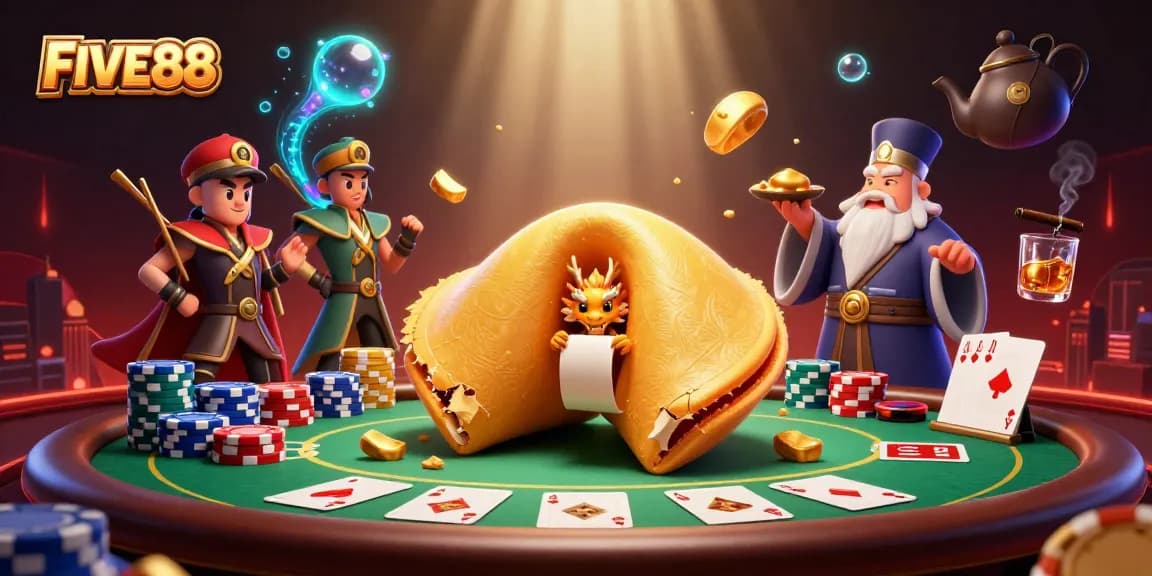 Engage in thrilling poker at FIVE88, featuring a vibrant 3D casino scene with dynamic characters.