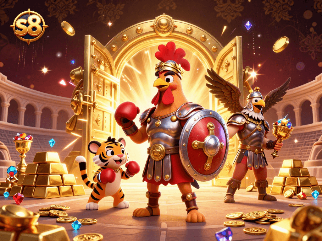 Experience the excitement of s8 gambling with vibrant treasures, gladiator action, and dynamic casino elements.