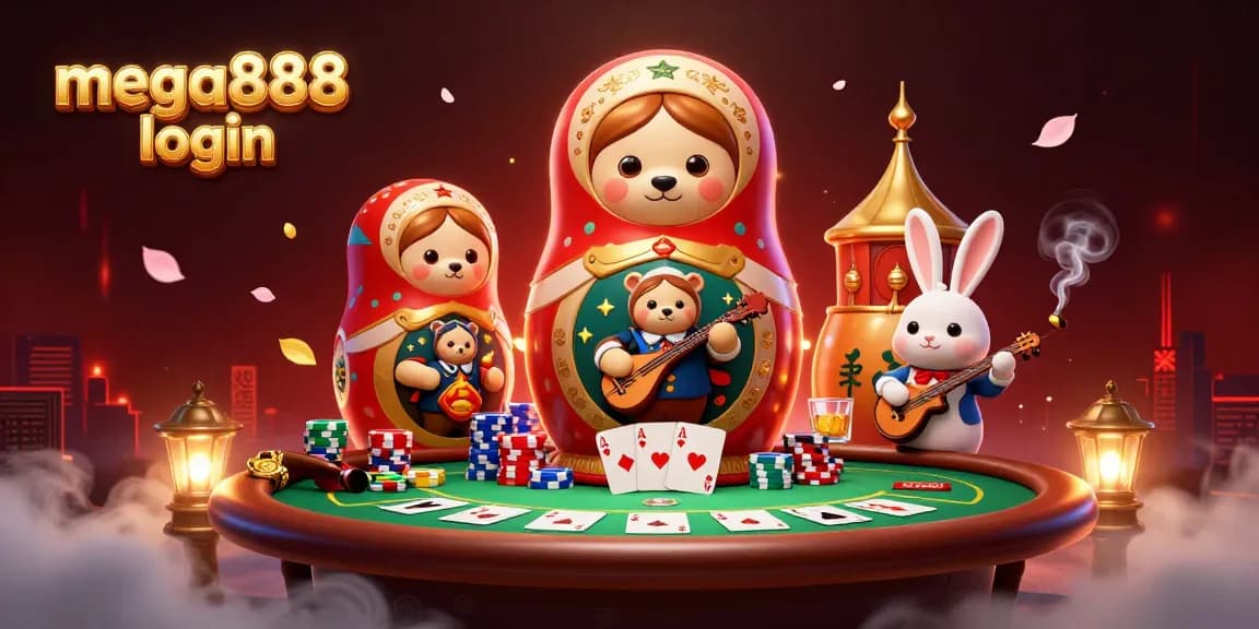 Engage in gaming excitement with mega888 login, featuring a lively casino scene with unique characters.
