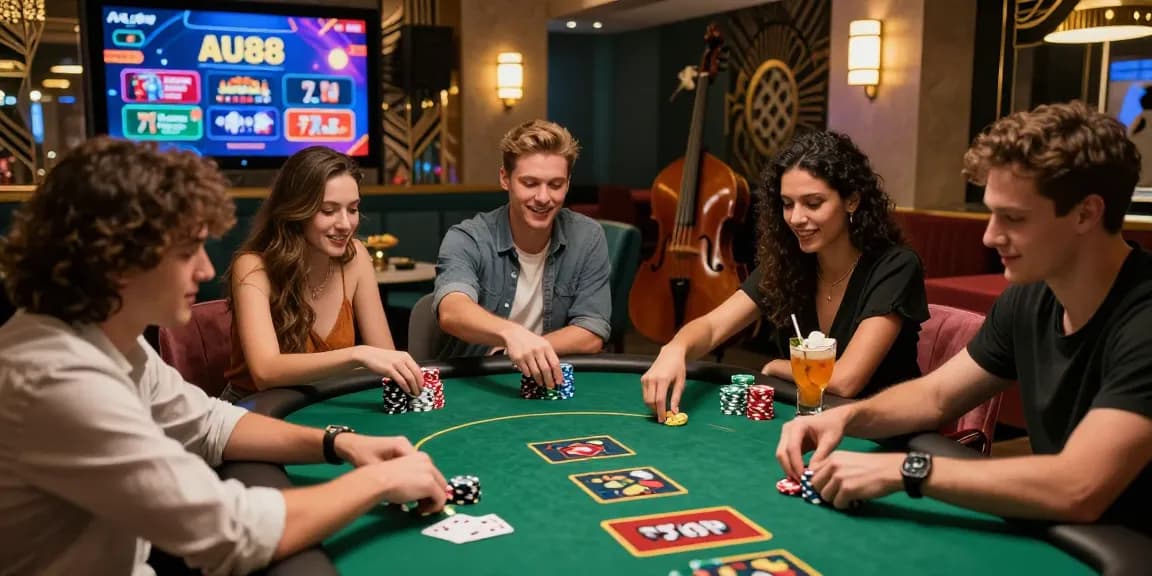 Friends enjoying a lively game at casino AU88 poker table with vibrant decor.