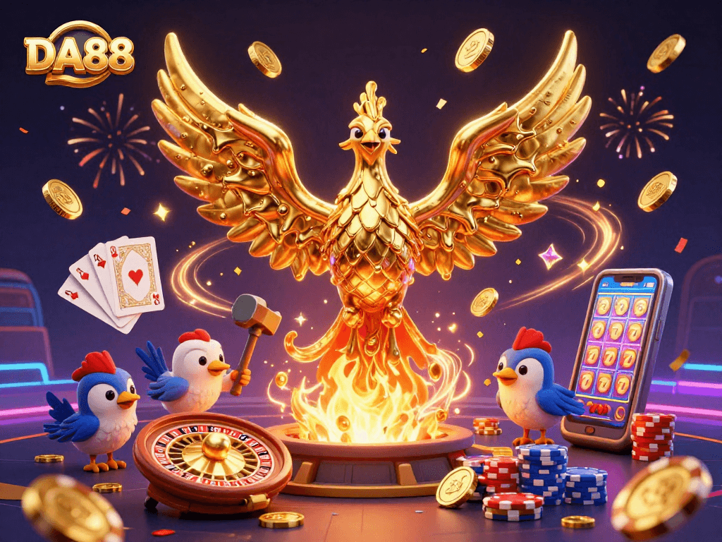 Experience DA88's dynamic casino scene with a golden phoenix and exciting gaming elements.