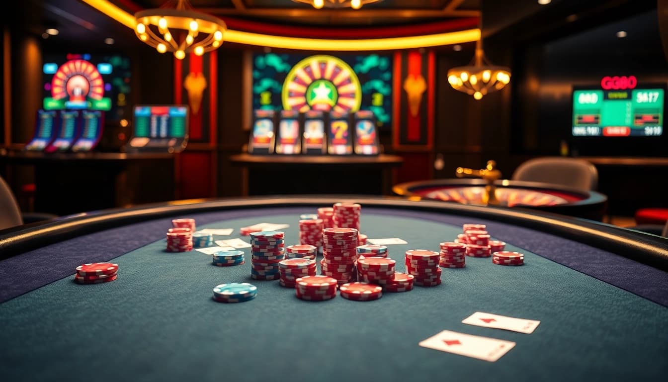 Experience the excitement of GG88.MOBI with a luxurious casino scene featuring poker tables and live betting.