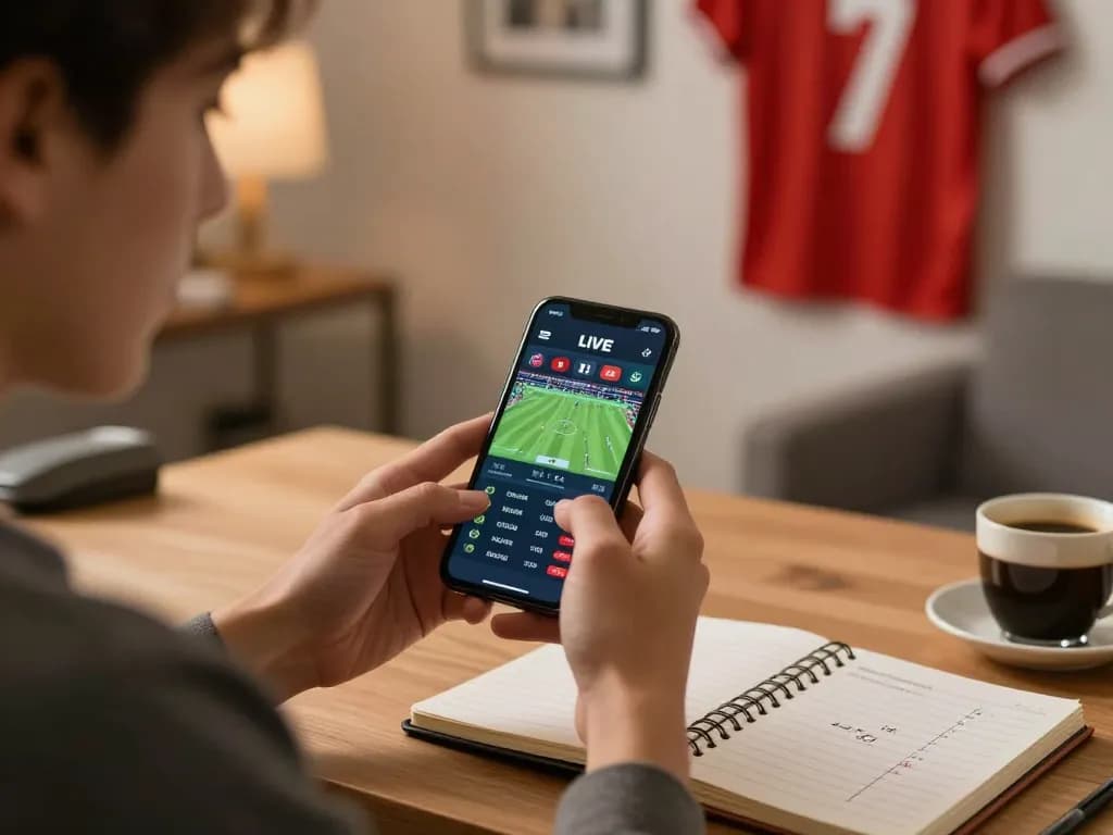 Giocatore impegnato che utilizza un'app mobile per esplorare i migliori siti non AAMS per strategie di scommessa sportive