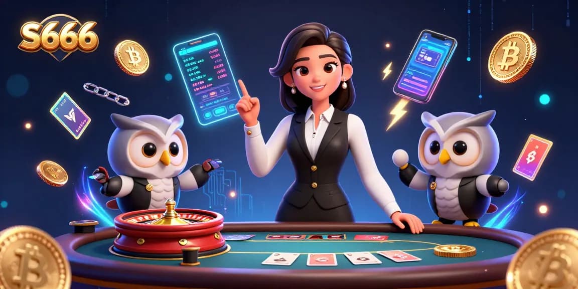 S666 interactive baccarat scene featuring a dealer duo with colorful cryptocurrency elements.
