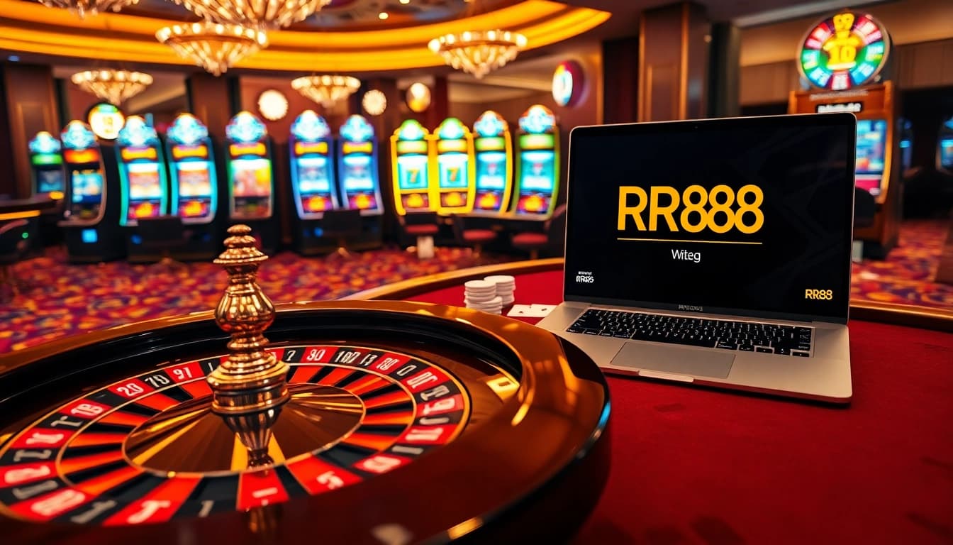 Experience the thrill of winning at RR88 with vibrant casino tables, poker chips, and exciting games.