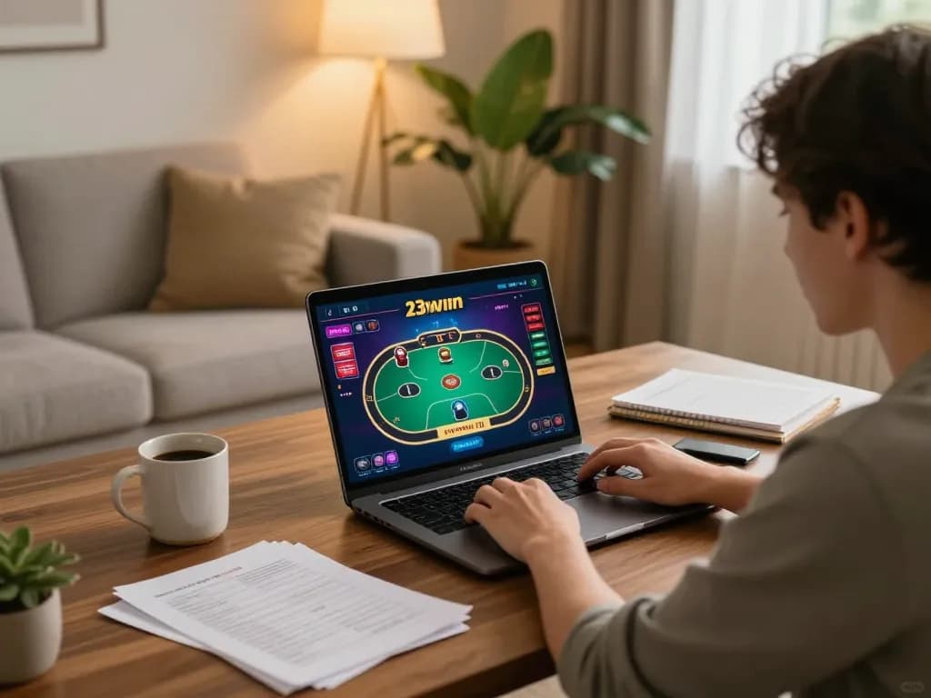 Playing online poker with 23win, showcasing the gaming interface and strategic notes.