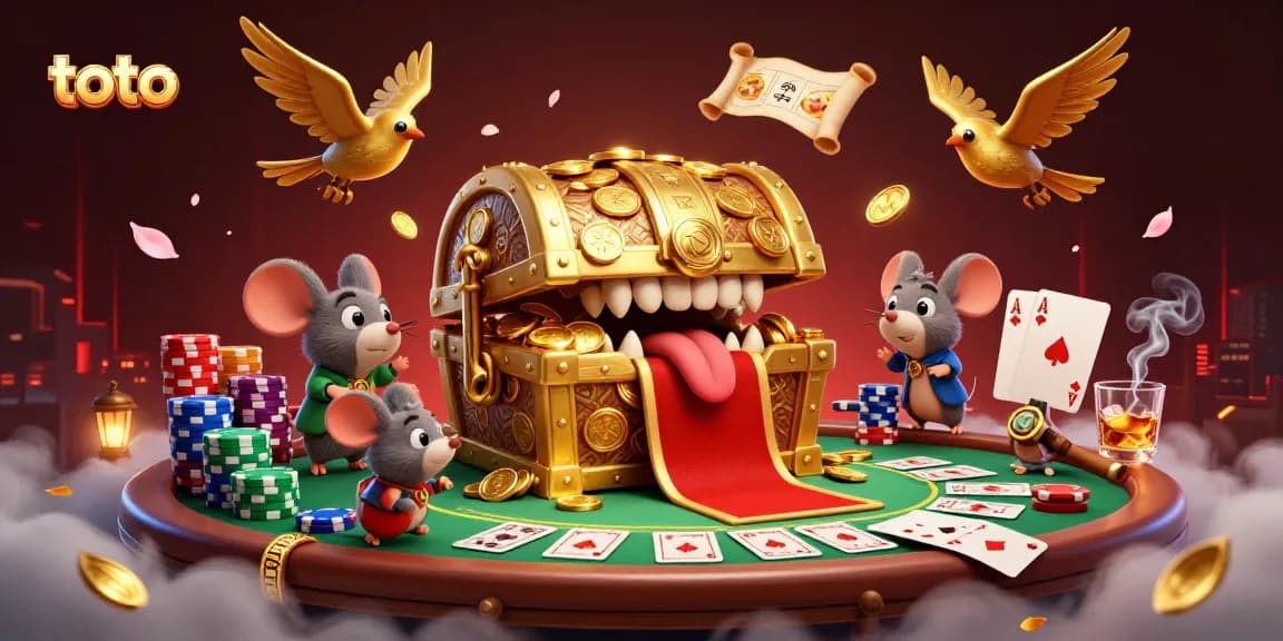 Engage in thrilling toto games with a treasure chest luring players amidst vibrant casino elements.