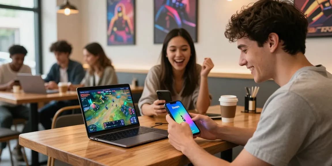 Friends playing the app Zowin at a cozy café, showcasing online gaming excitement.