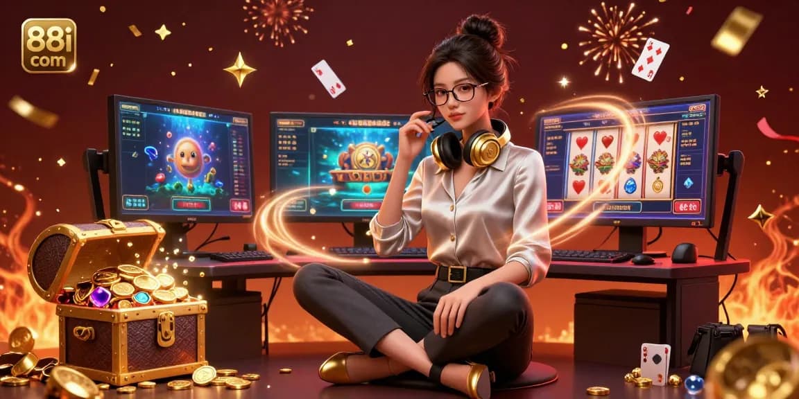 Experience exciting gaming at 88i com with vibrant slot reels, treasure chests, and a stylish gamer.