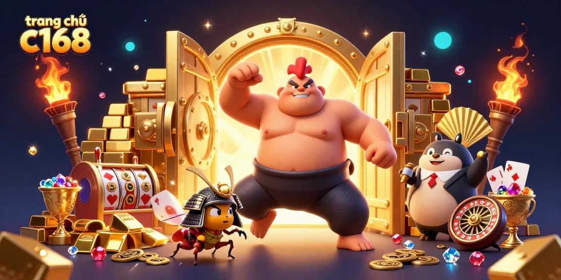 Experience the thrill of trang chủ c168 with our sumo wrestler and samurai cricket in a vibrant casino setting.