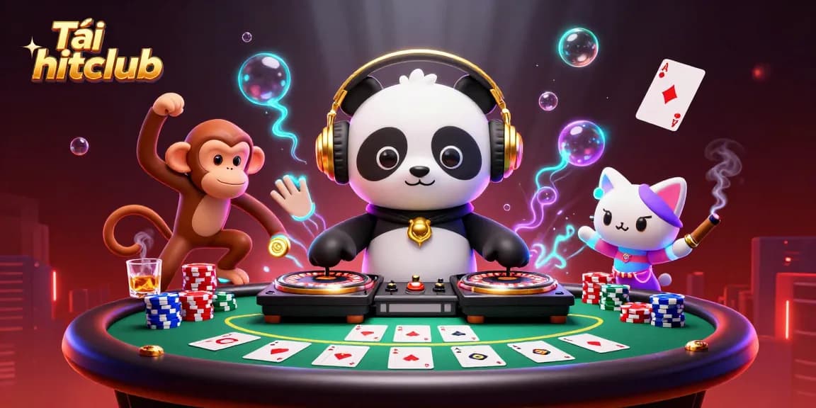 Tải hitclub and enjoy vibrant gaming with a DJ panda, glowing kitten, and dancing monkey.