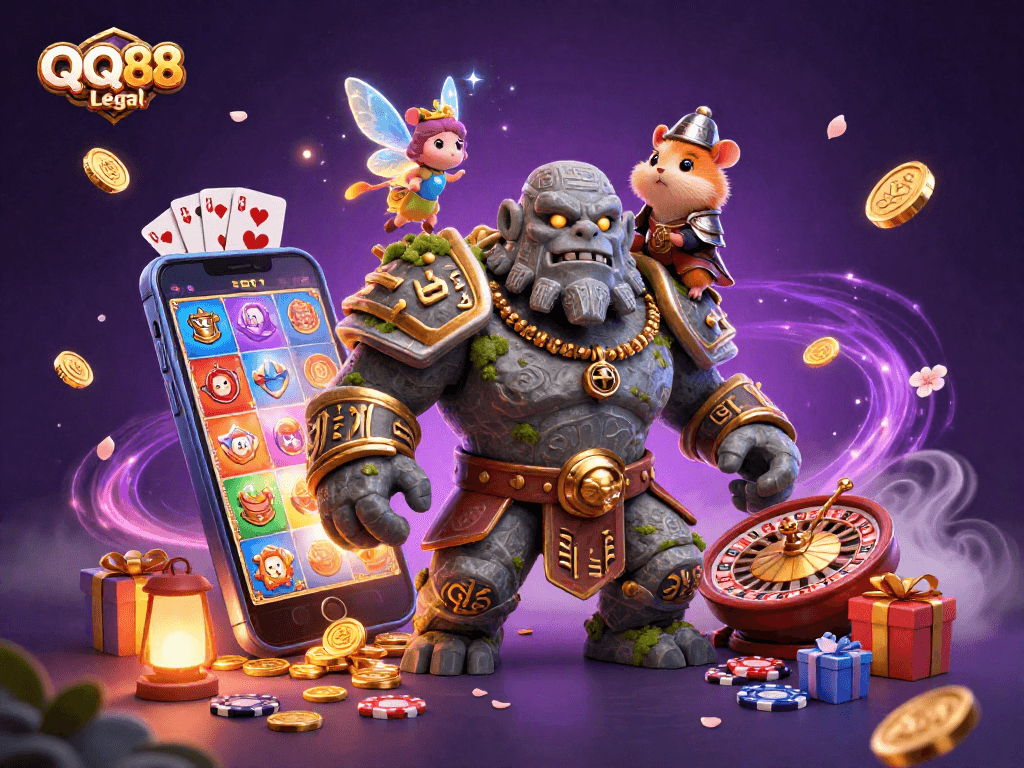Engage with QQ88 Legal through this 3D illustrated scene featuring a golem, fairy, and hamster knight.
