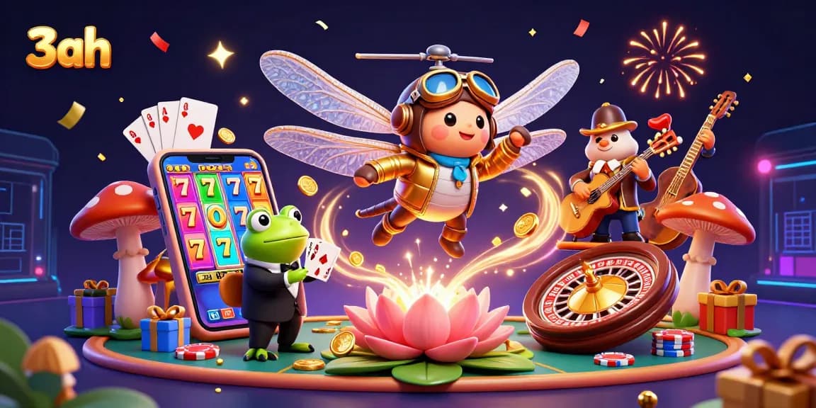 Experience thrilling wins at 3ah with vibrant slot games and engaging characters in a lively casino scene.