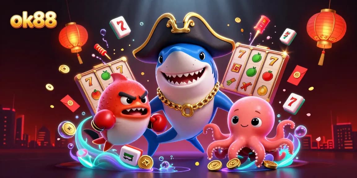 Engage with lively ok88 slot adventures featuring a cartoon pirate shark, pufferfish, and octopus under vibrant lights