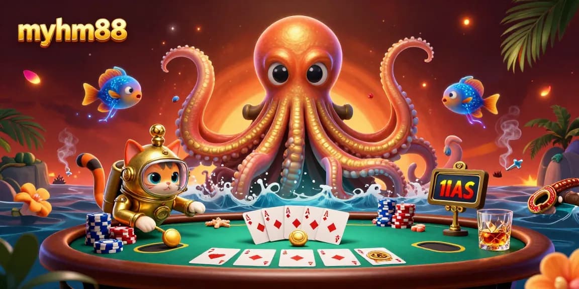Engage with myhm88's thrilling gaming experience in this vibrant casino illustration featuring a kraken and diving cat.