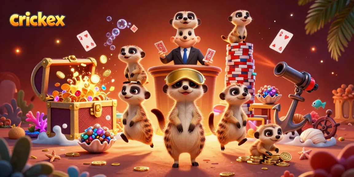 Crickex meerkats manage a casino amidst underwater treasures, enticing players to join the fun.