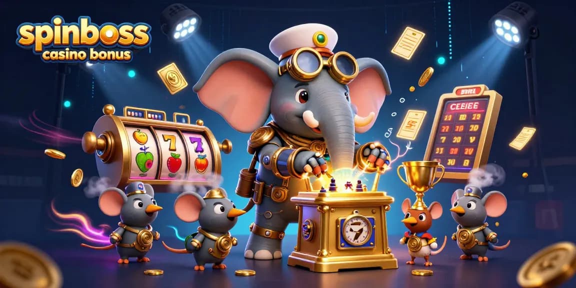 Spinboss Casino Bonus: Slotmaschinen-Action mit detaillierter Darstellung eines Steampunk-Elefanten und Glückselementen