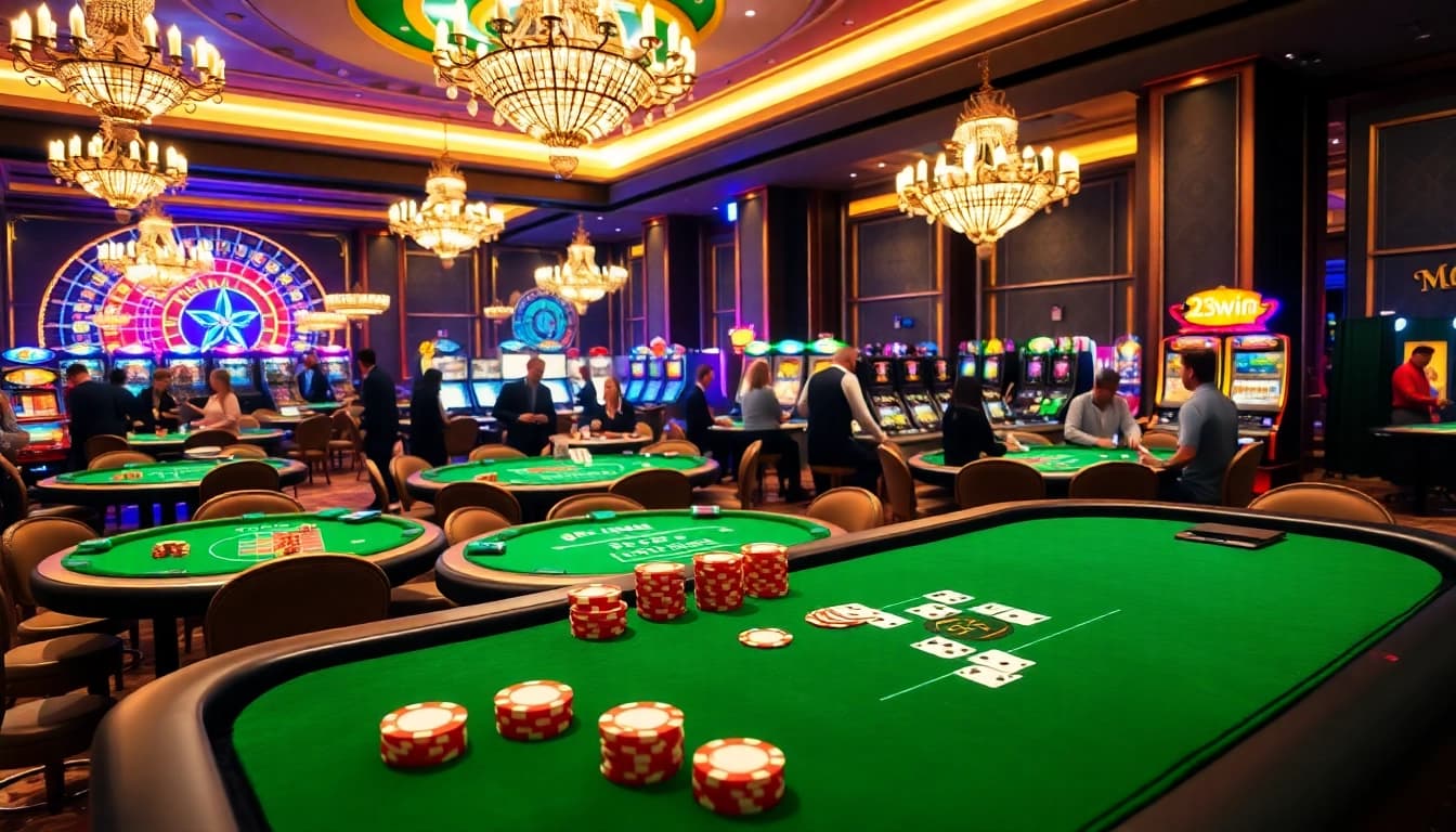 Experience the excitement of 23win with vibrant casino interiors and thrilling gaming action.