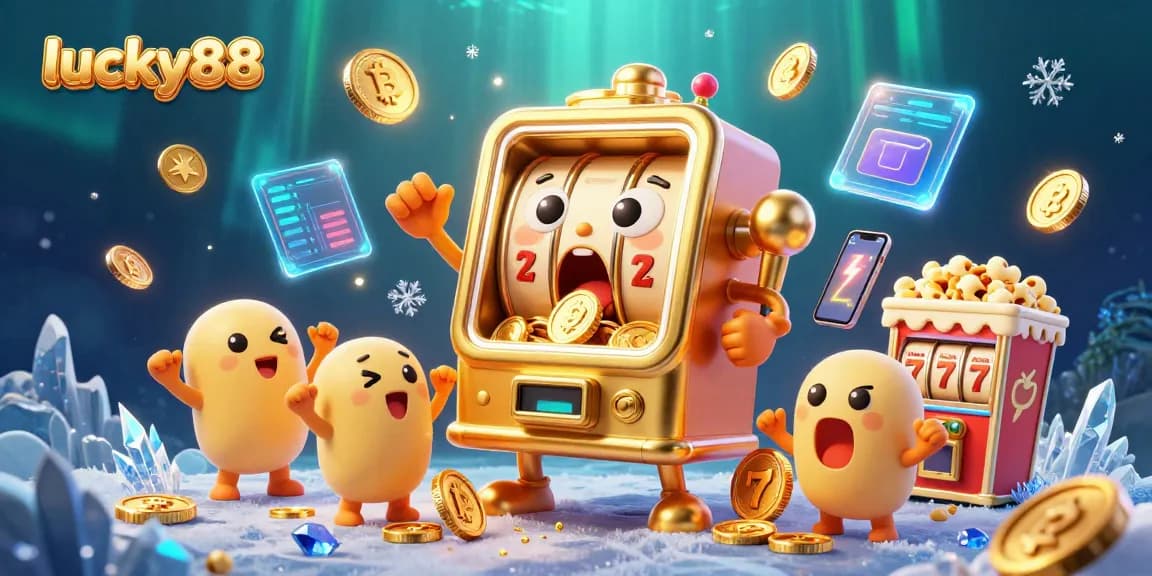 Experience jackpot surprises with lucky88's vibrant slot machine illustration, showcasing playful casino excitement.