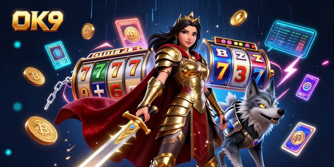 OK9 enhances your game with vibrant slot reels and crypto coins in an engaging illustration.
