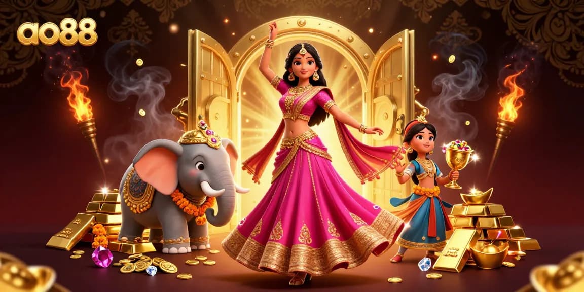 Win big with ao88 in this vibrant casino scene featuring a beautiful Asian woman and a bejeweled elephant.