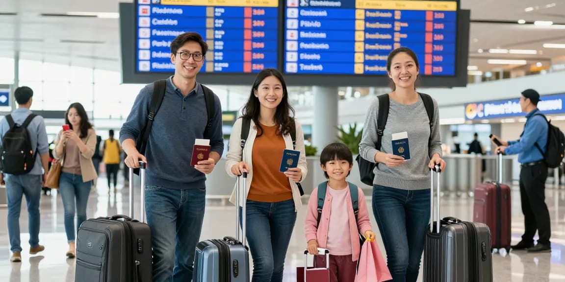 Originalpass mit vollständiger Verifizierung online kaufen, fröhliche Reisende am Flughafen, die ihre echten Pässe zeigen.