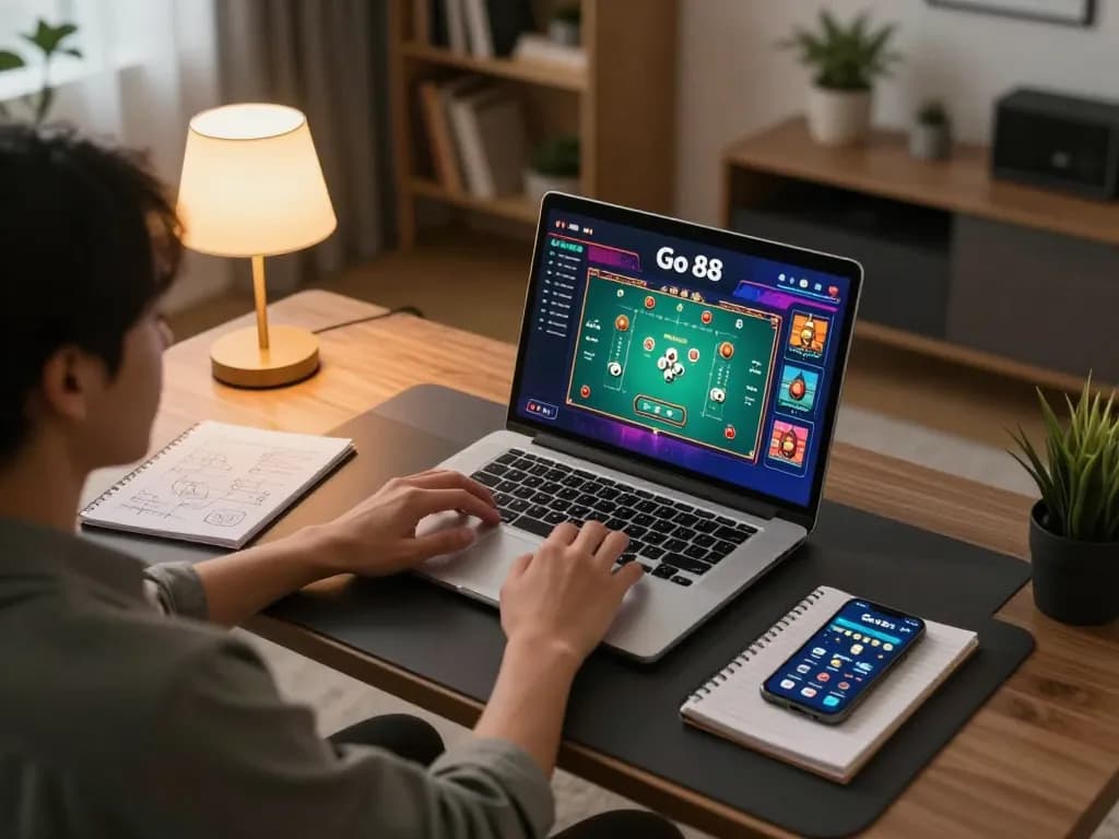 Cảnh tượng hấp dẫn của một người chơi thưởng thức các trò chơi casino trực tuyến Go 88 trên laptop trong một không gian ấm cúng tại nhà