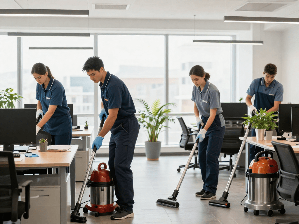 Unterhaltsreinigung Hannover in modernem Büro mit Reinigungsteam bei der Arbeit.