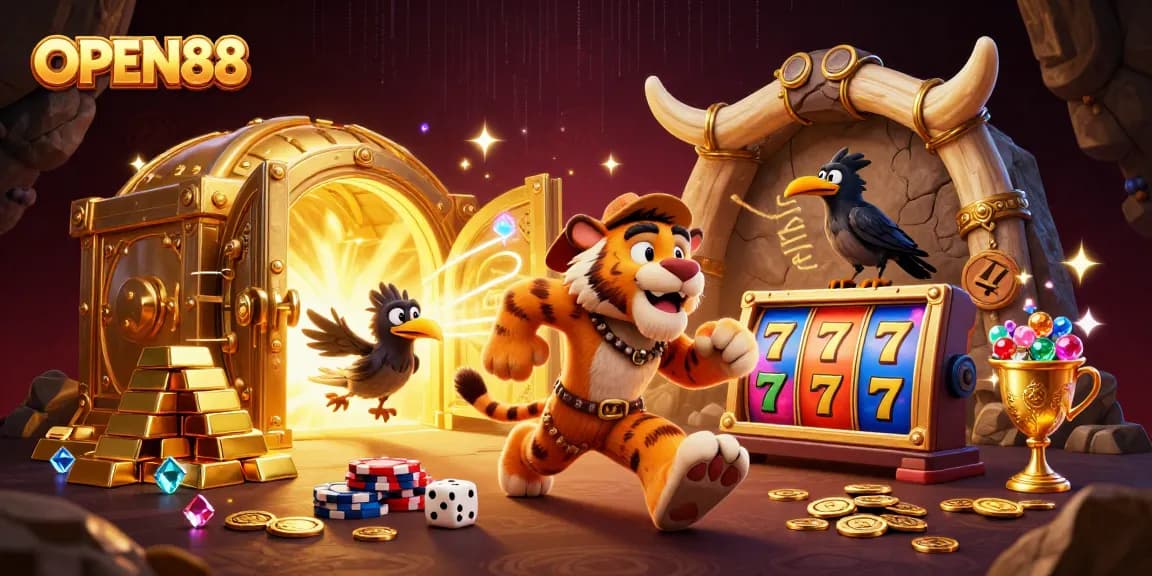 Experience thrilling gaming action at OPEN88 with a vibrant casino illustration featuring energetic characters
