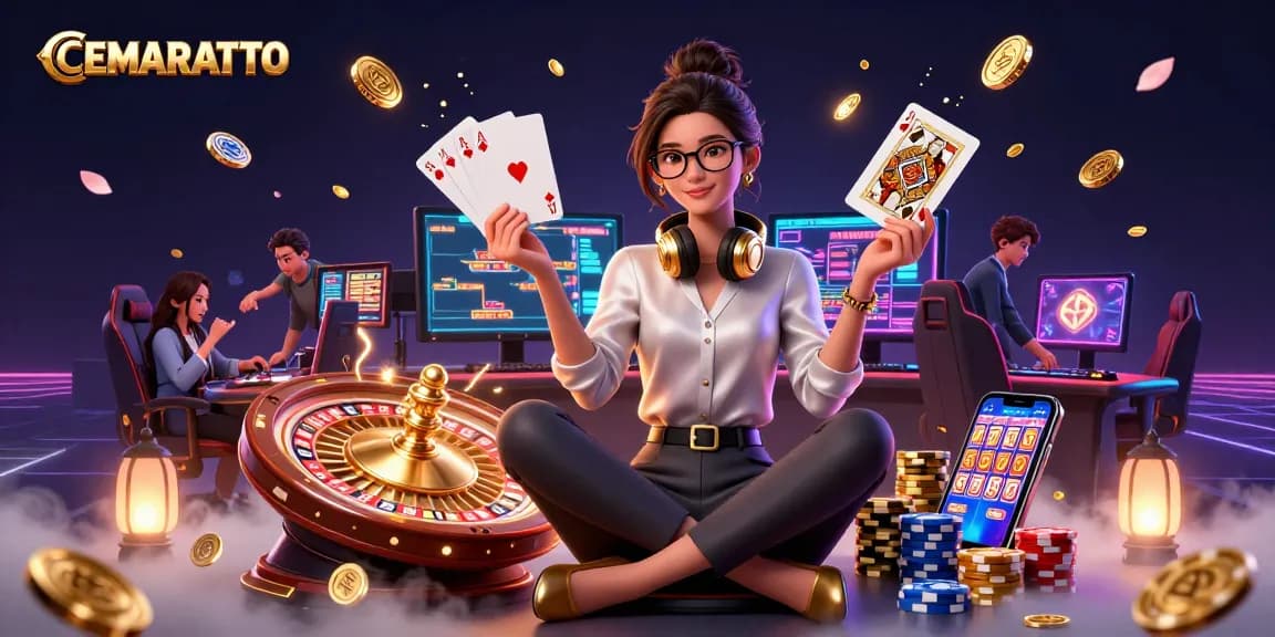 CEMARATOTO offers vibrant gaming experiences; vibrant Asian woman gaming with cascading coins and roulette.