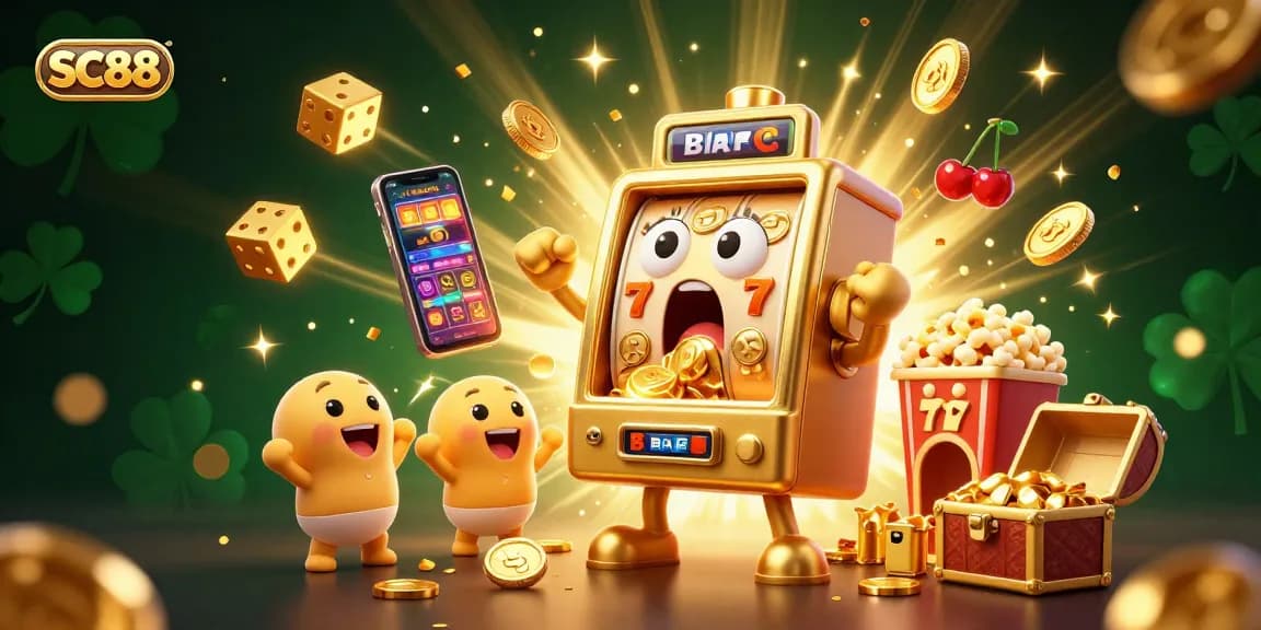 SC88 slot machine hits jackpot, surrounded by golden coins and cheering smaller slots, vibrant casino chaos.