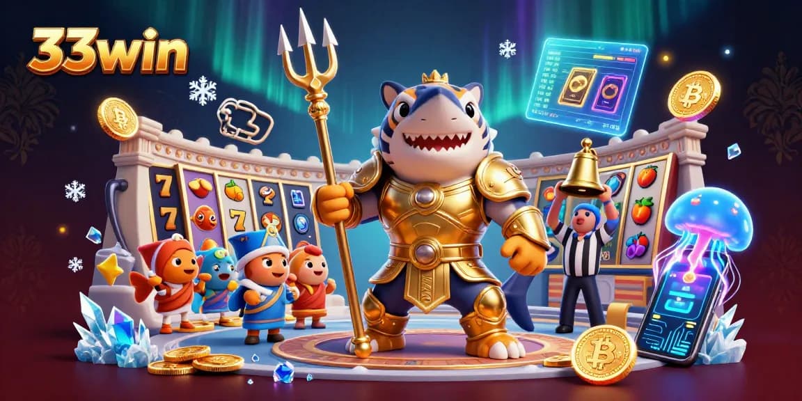 Engage with 33win's thrilling underwater scene showcasing slots and cryptocurrency elements.
