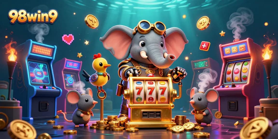 Engage in thrilling gameplay at 98win9 with a steampunk elephant operating a slot machine, showcasing excitement.