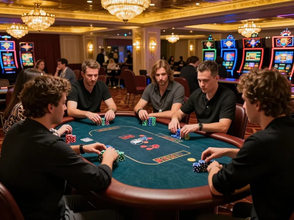 Engaged players at the cm88 poker table strategically placing bets in a luxurious casino setting.
