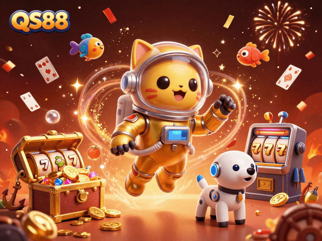 Win big at QS88 with vibrant gaming elements featuring an astronaut cat and exciting treasures.
