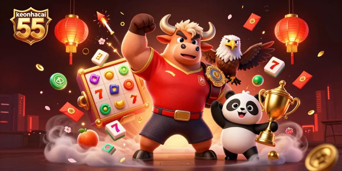 Engage with keonhacai 55 through this dynamic 3D casino scene featuring a victorious bull mascot, eagle champion, and happy panda trophy holder.