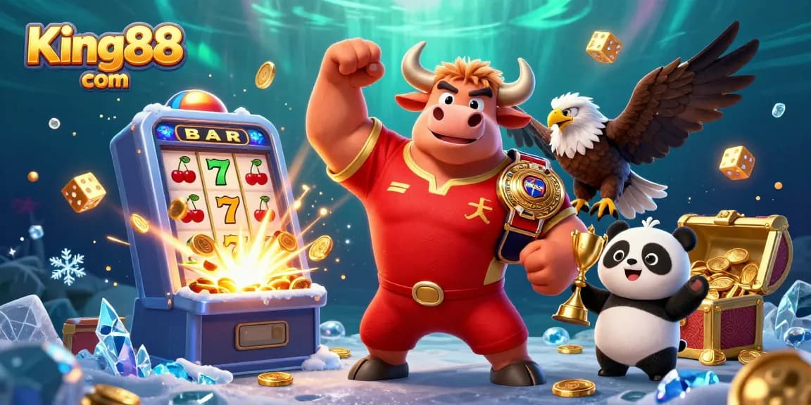 Experience the excitement at King88 com with a thrilling casino scene featuring dynamic characters, jackpot symbols, and vibrant elements.