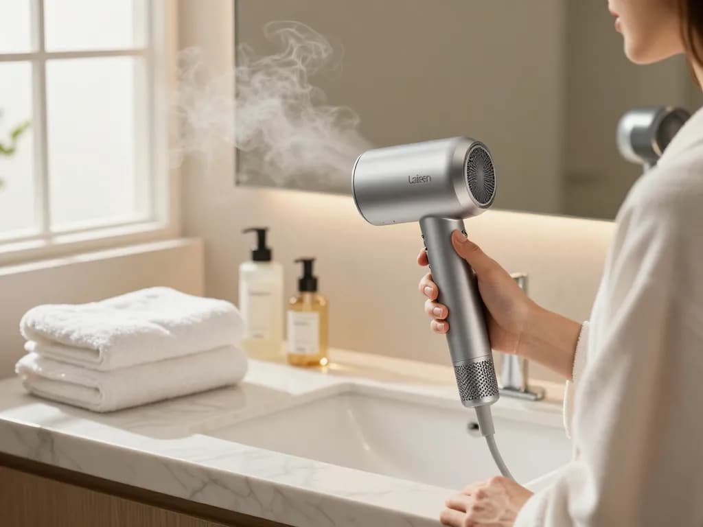 Person, die einen Laifen Haartrockner UK in einem stilvollen Badezimmer mit luxuriösen Eigenschaften verwendet.