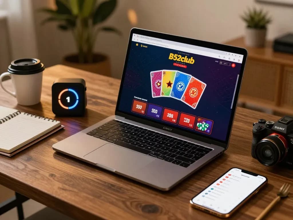 B52club players engaged in online casino gaming, showcasing strategy notes and vibrant game interface